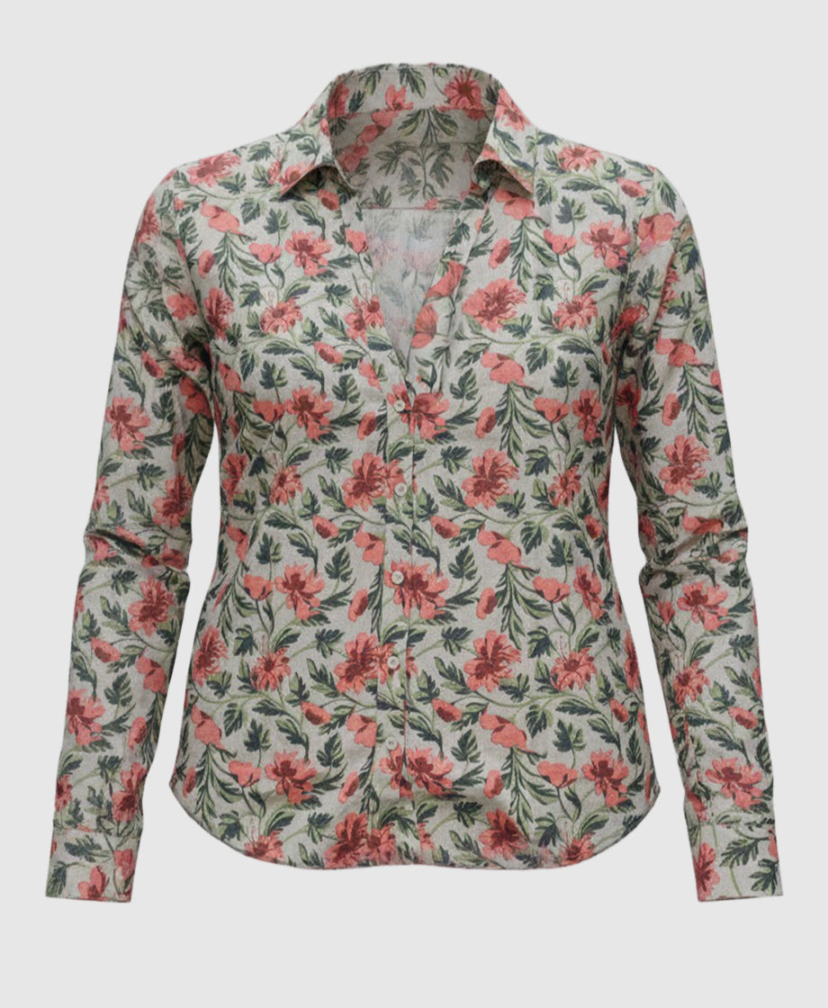 beige color women shirt with green and red floral pattern, deep v neck, full sleeves.